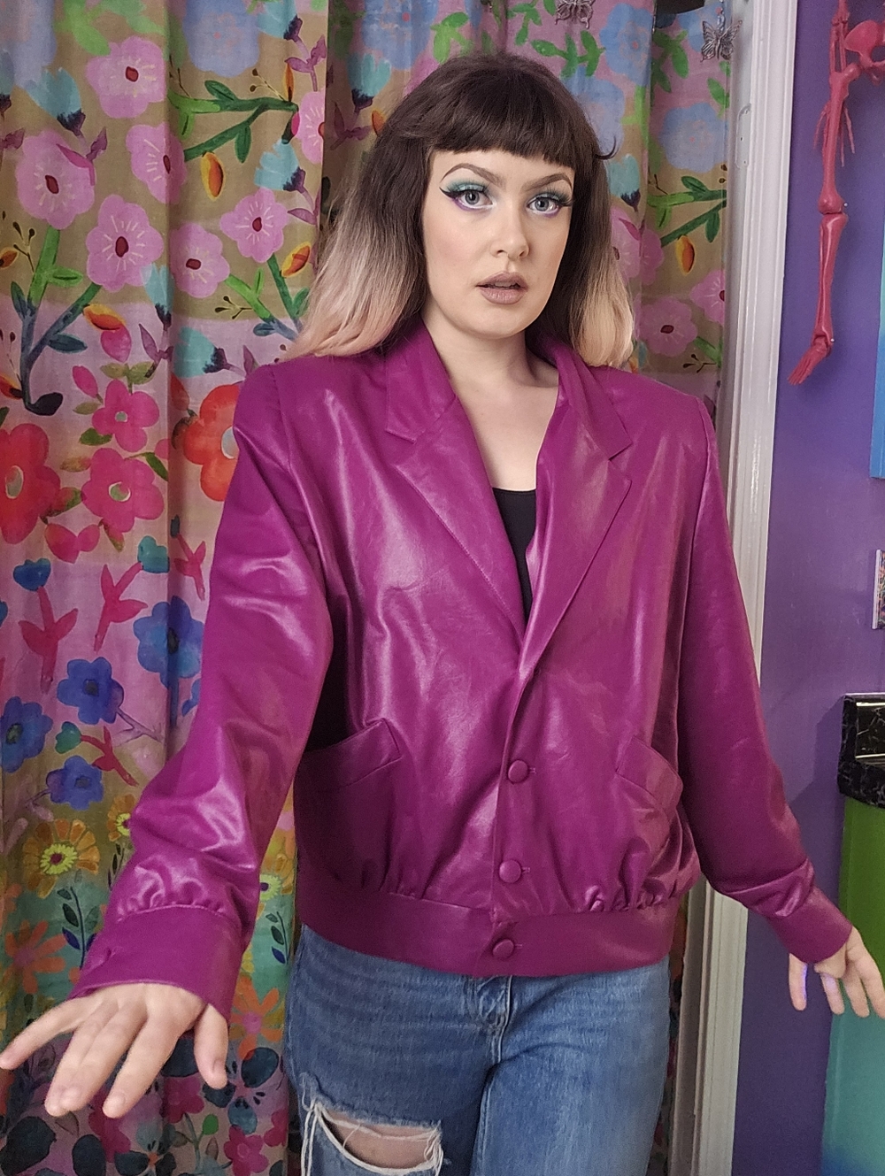 Pink Faux Leather Blazer / Bomber Jacket Vintage Wings On Back